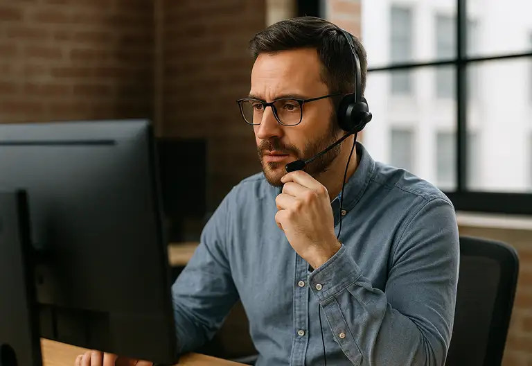Business professional wearing a headset focused on a call at his desk in a modern office, illustrating B2B telemarketing in action.