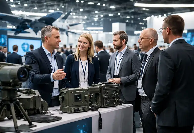 Senior defence technology team meeting aerospace decision-makers at international trade show following structured Defence Lead Generation UK campaign