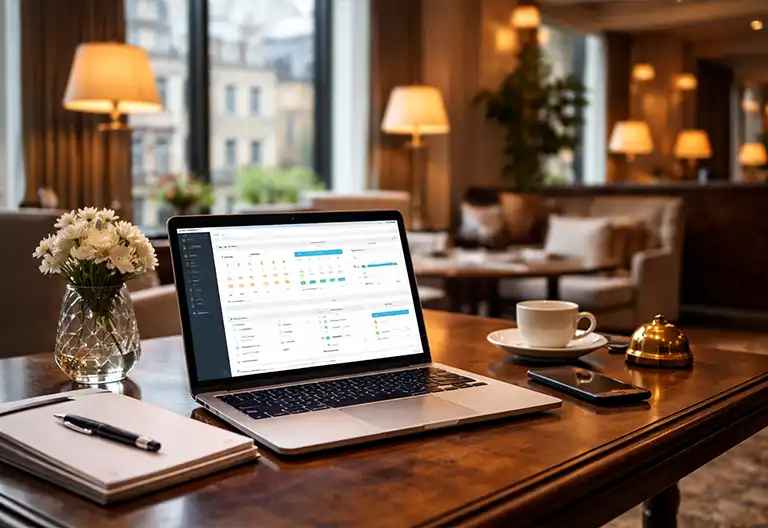 Laptop displaying hotel management and booking software during an appointment setting for hospitality software campaign