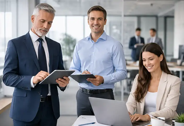 C suite executive, manager and junior employee collaborating in office illustrating the impact of seniority on lead generation strategy