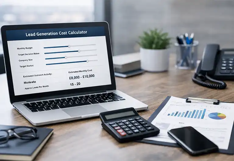 B2B lead generation cost calculator displayed on laptop with marketing budget planning setup
