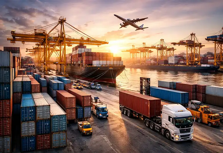 Container ships, freight trucks and port cranes representing Logistics Lead Generation UK in the commercial freight sector.